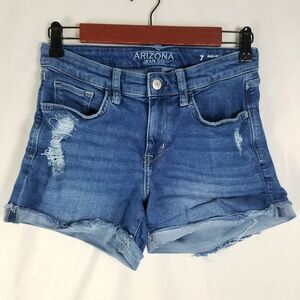 Arizona Denim Shorts Juniors 7 Blue Jean Mid Rise Womens Distressed‎ Medium Wash